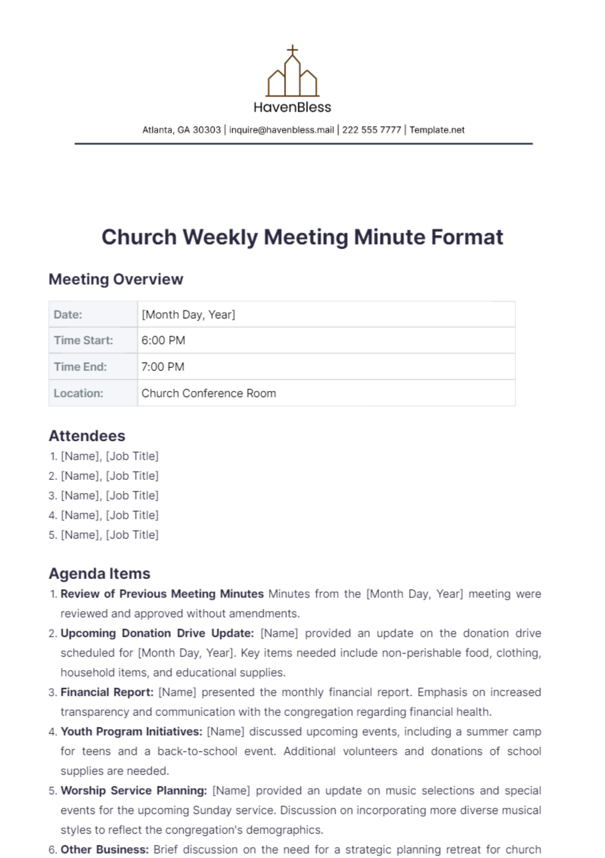 Church Weekly Meeting Minute Format Template - Edit Online & Download