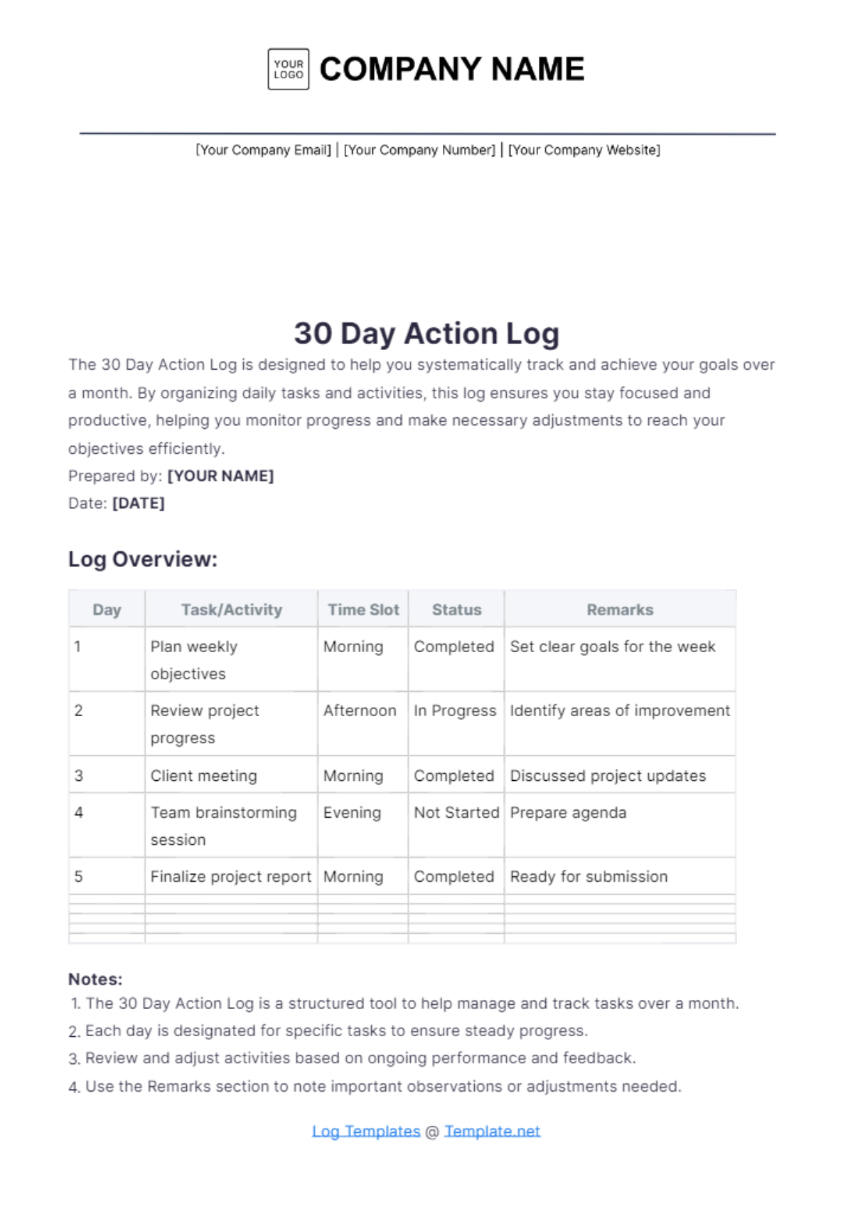 Free 30 Day Action Log Template to Edit Online