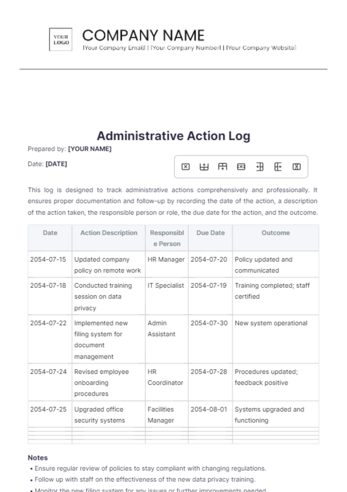 Administrative Action Log Template - Edit Online & Download