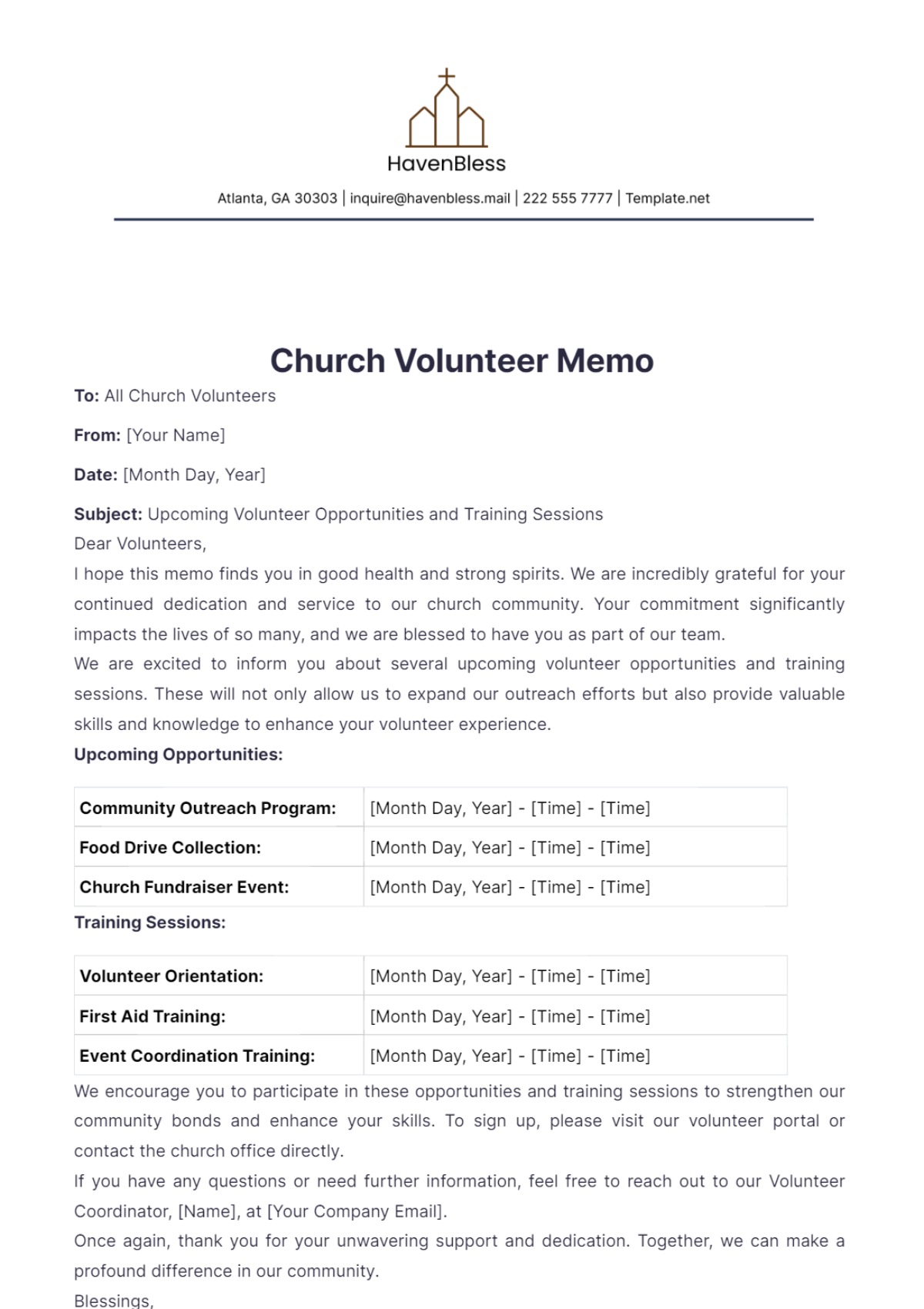 Church Volunteer Memo Template - Edit Online & Download