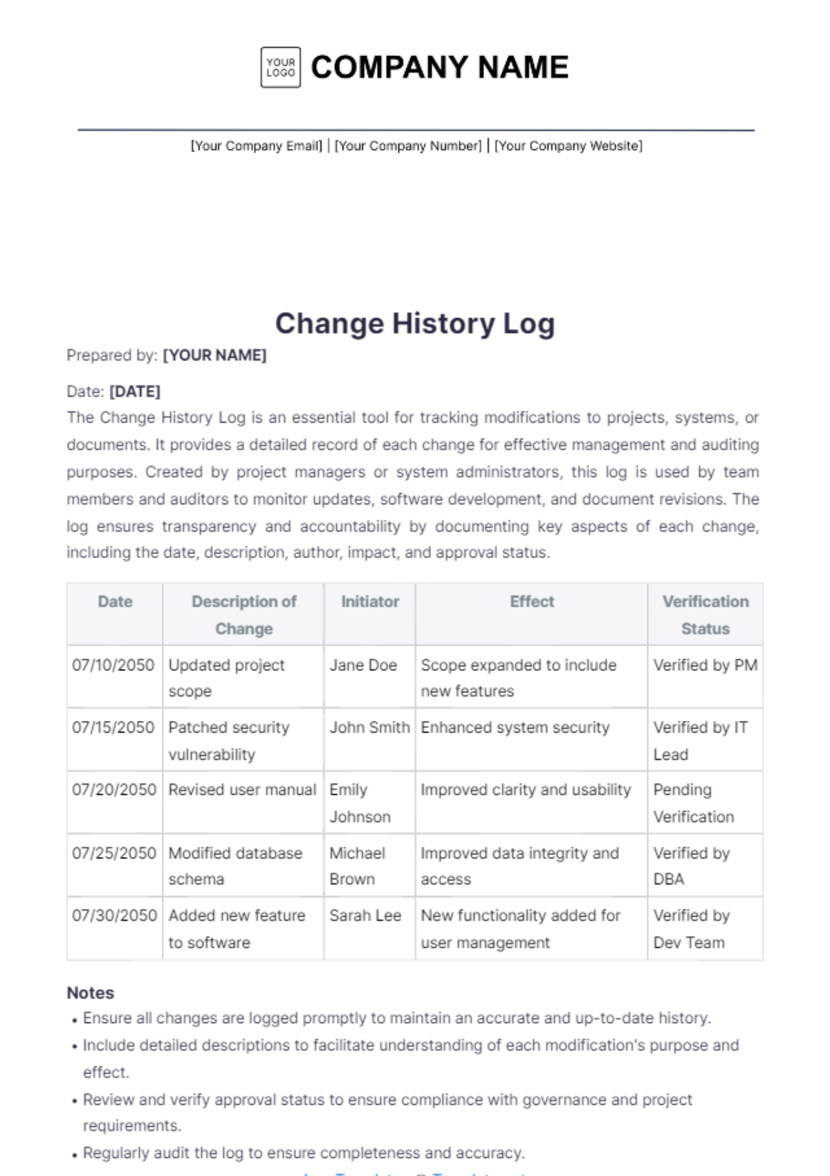 Change History Log Template - Edit Online & Download