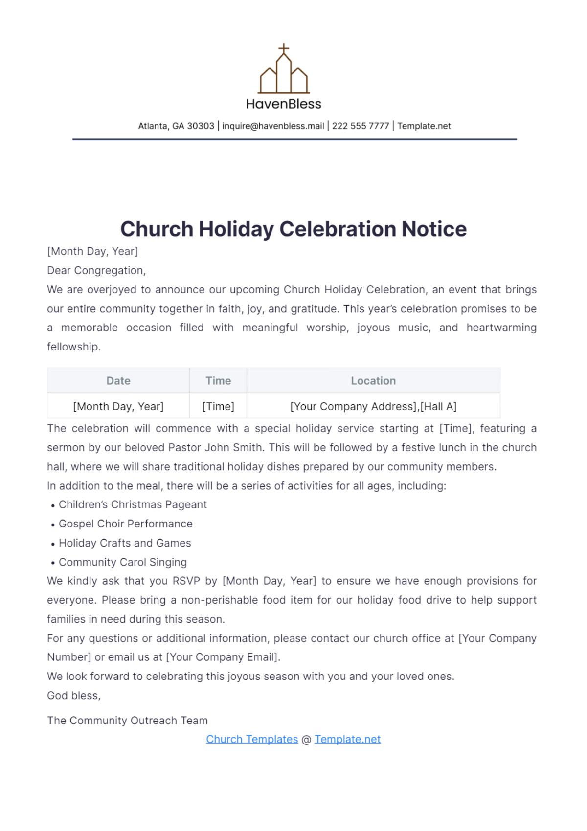 Church Holiday Celebration Notice Template - Edit Online & Download