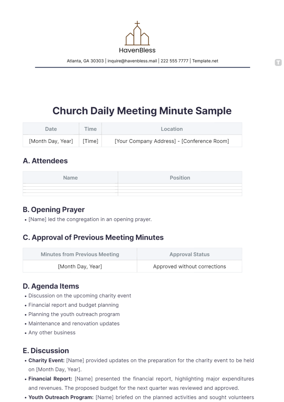 Church Daily Meeting Minute Sample Template - Edit Online & Download