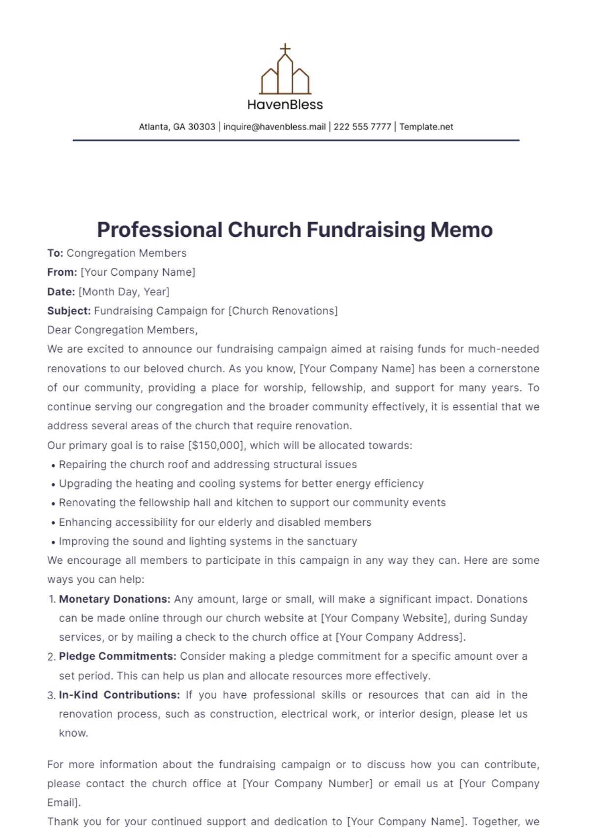 Professional Church Fundraising Memo Template - Edit Online & Download