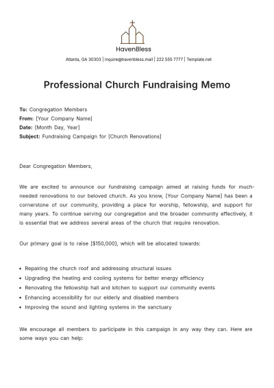 Free Professional Church Fundraising Memo Template to Edit Online