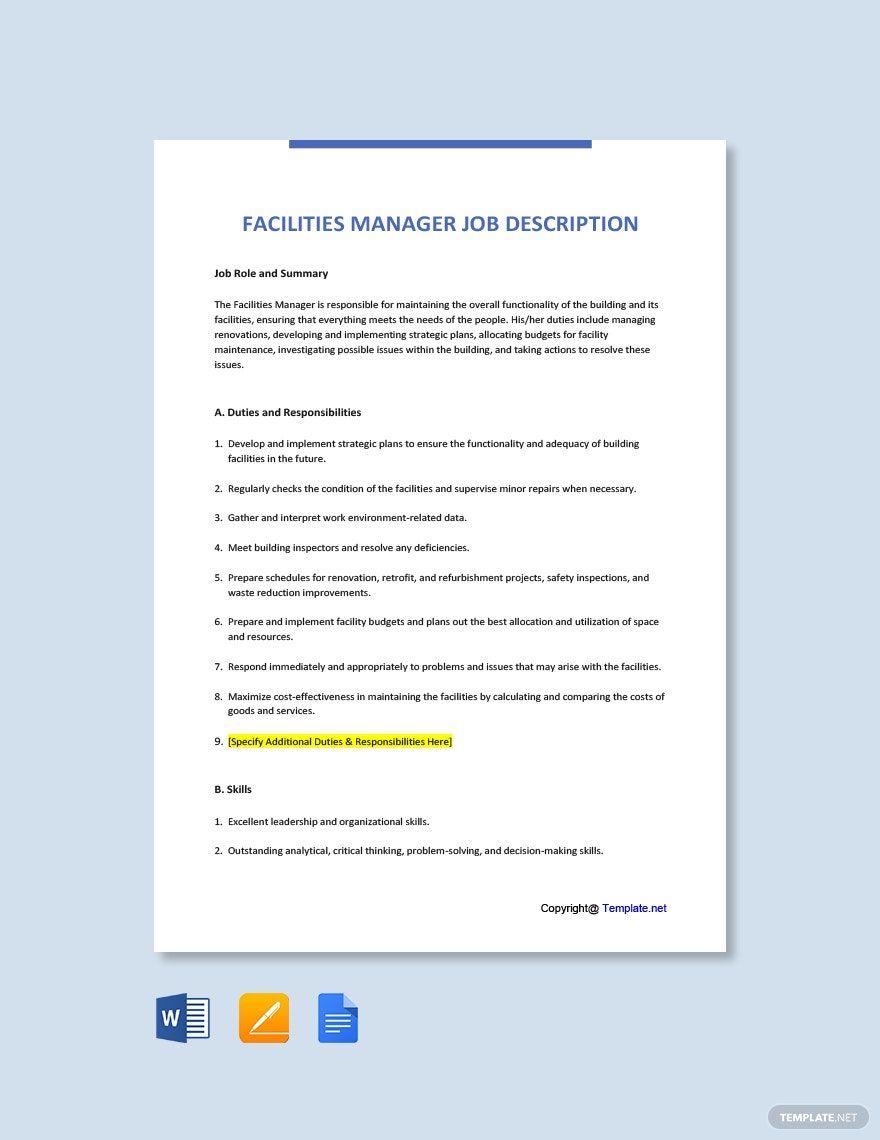 Facilities Manager Templates Design Free Download Template Net   Facilities Manager Job Description 1 