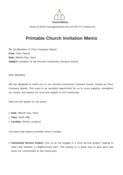 Free Printable Church Invitation Memo Template to Edit Online