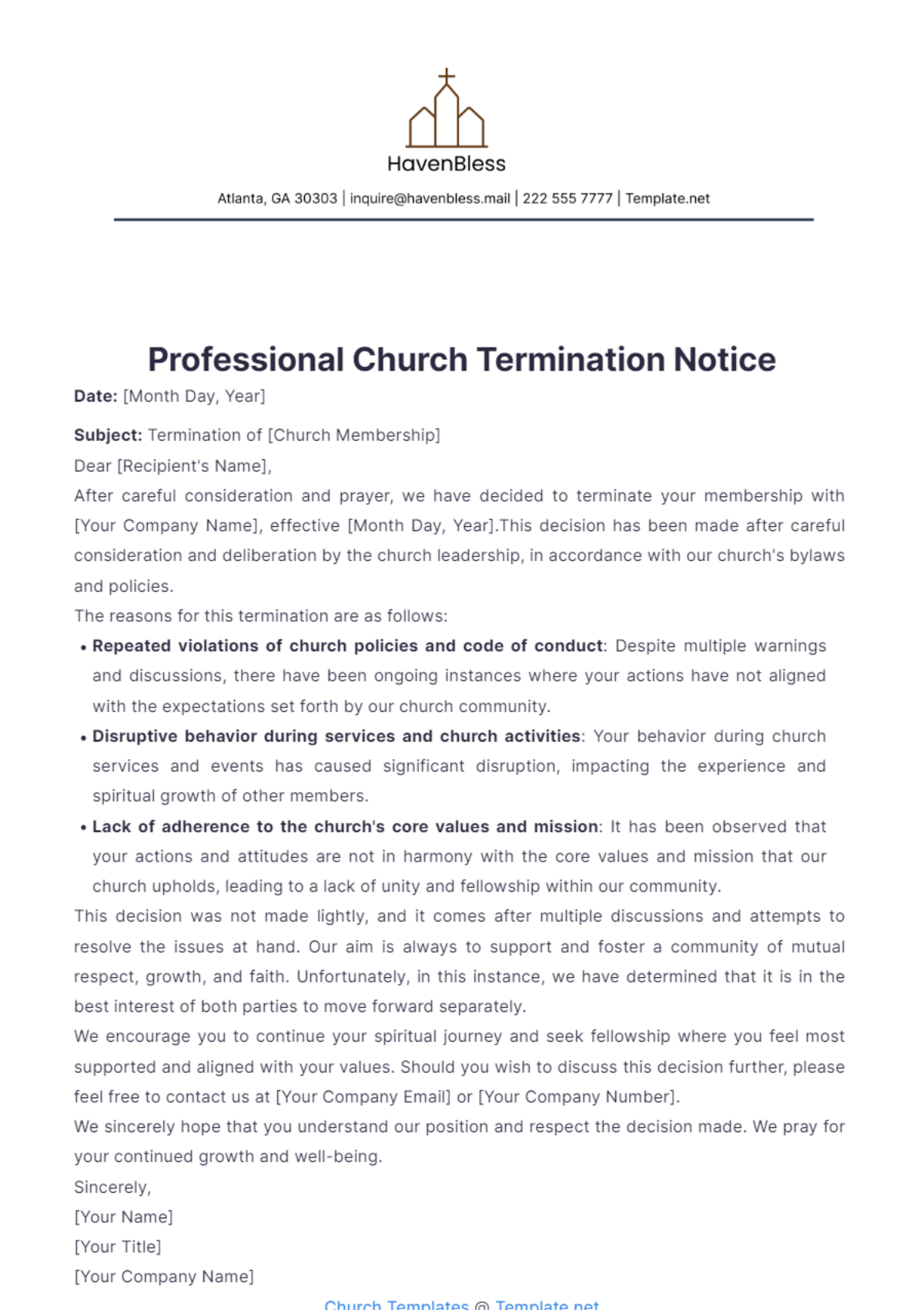 Professional Church Termination Notice Template - Edit Online & Download