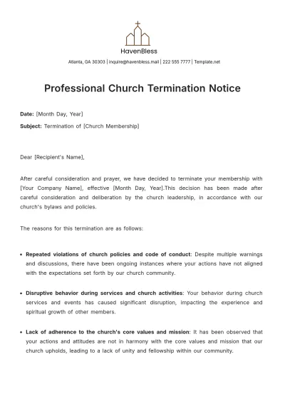 Free Professional Church Termination Notice Template to Edit Online