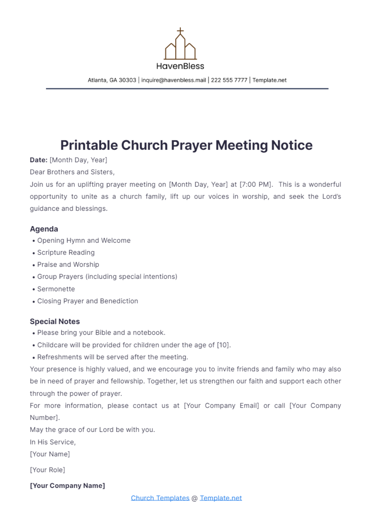 Printable Church Prayer Meeting Notice Template - Edit Online & Download