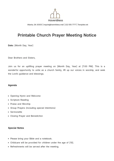 Free Printable Church Prayer Meeting Notice Template to Edit Online
