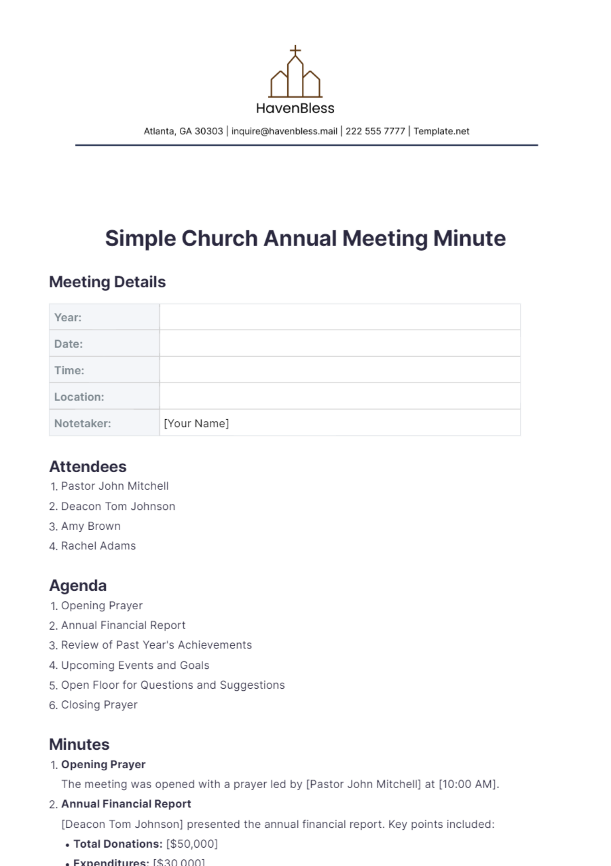 Simple Church Annual Meeting Minute Template - Edit Online & Download