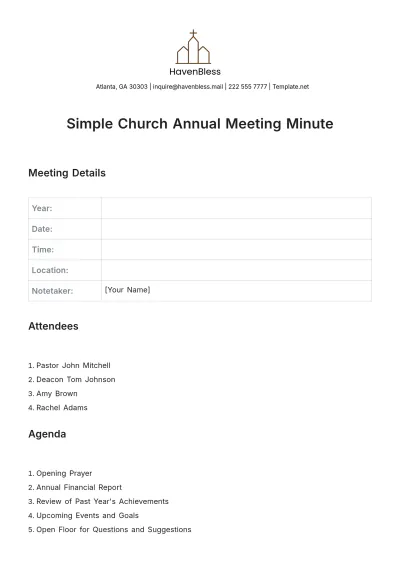 Free Simple Church Annual Meeting Minute Template to Edit Online