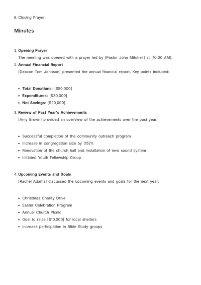 Free Simple Church Annual Meeting Minute Template to Edit Online