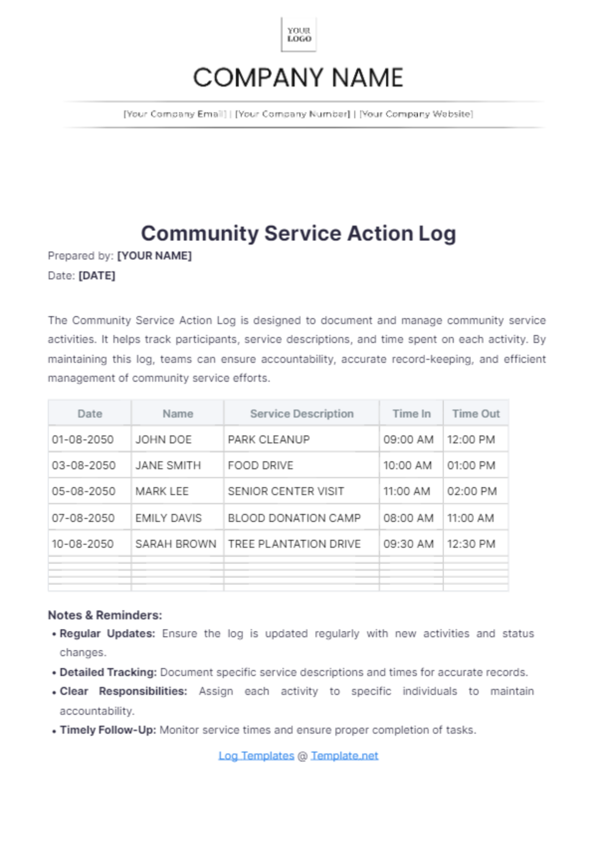 Community Service Action Log Template - Edit Online & Download