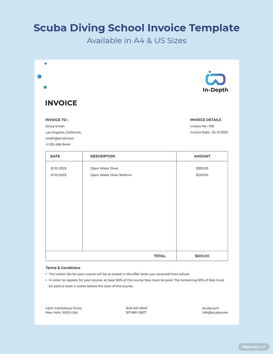 Scuba Diving School Invoice Template in Google Docs, Google Sheets, Publisher, Word, Pages, PSD, Apple Numbers, Excel, InDesign, Illustrator - Download | Template.net