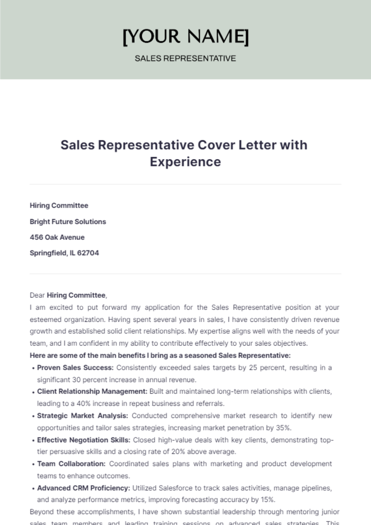 Sales Representative Cover Letter with Experience - Edit Online & Download