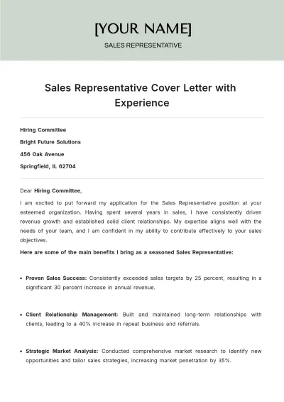 Free Sales Representative Cover Letter with Experience to Edit Online
