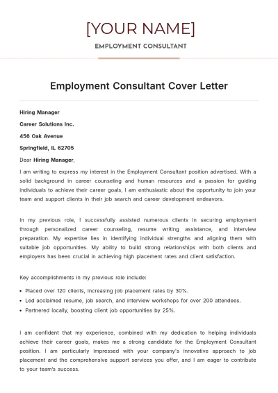 Free Employment Consultant Cover Letter to Edit Online