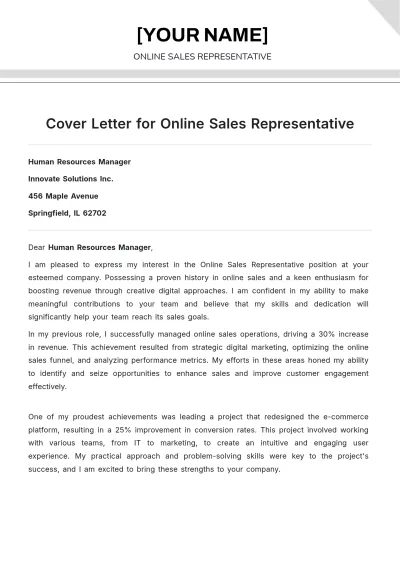 Free Cover Letter for Online Sales Representative to Edit Online