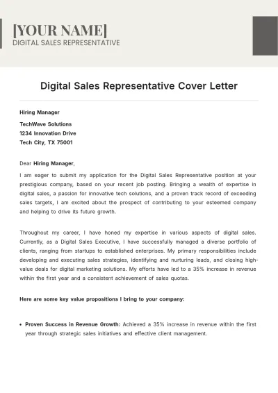 Free Digital Sales Representative Cover Letter to Edit Online