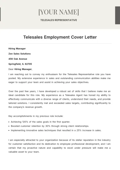 Free Telesales Employment Cover Letter to Edit Online