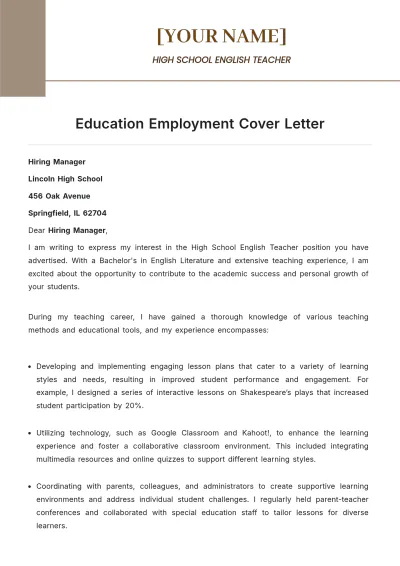Free Education Employment Cover Letter to Edit Online