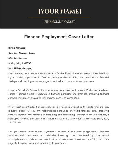 Free Finance Employment Cover Letter to Edit Online