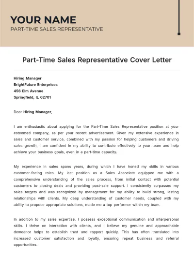 Free Part Time Sales Representative Cover Letter to Edit Online