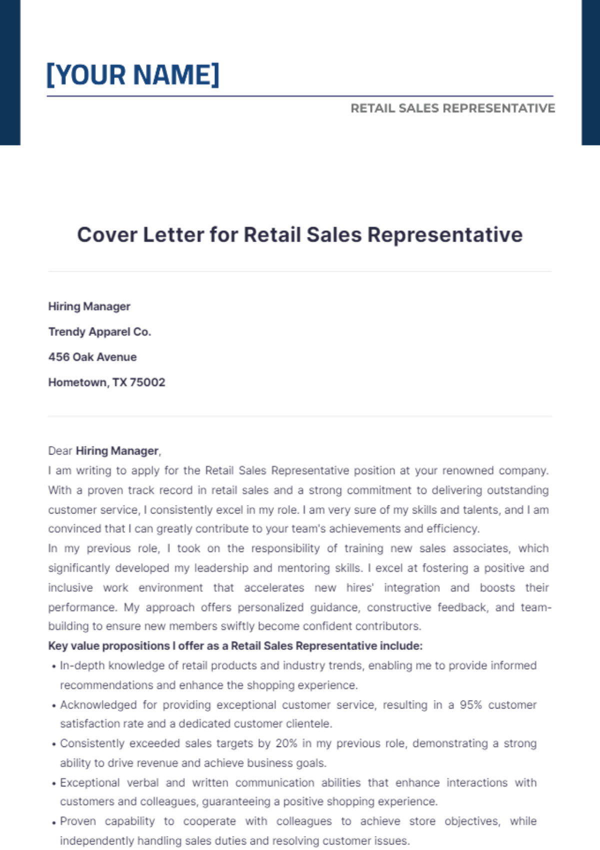 Cover Letter for Retail Sales Representative - Edit Online & Download