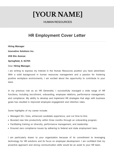 Free HR Employment Cover Letter to Edit Online