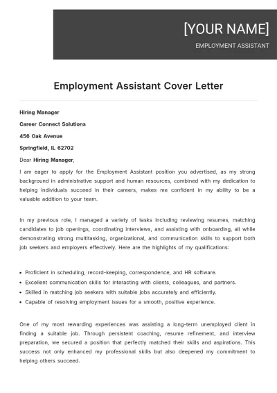 Free Employment Assistant Cover Letter to Edit Online