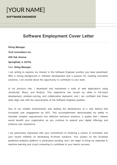 Free Software Employment Cover Letter to Edit Online