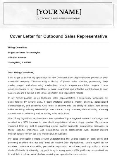 Free Cover Letter for Outbound Sales Representative to Edit Online