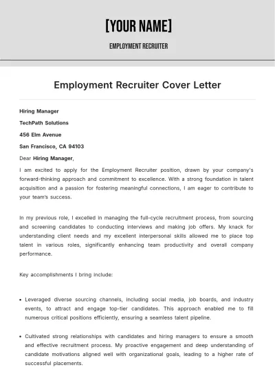 Free Employment Recruiter Cover Letter to Edit Online