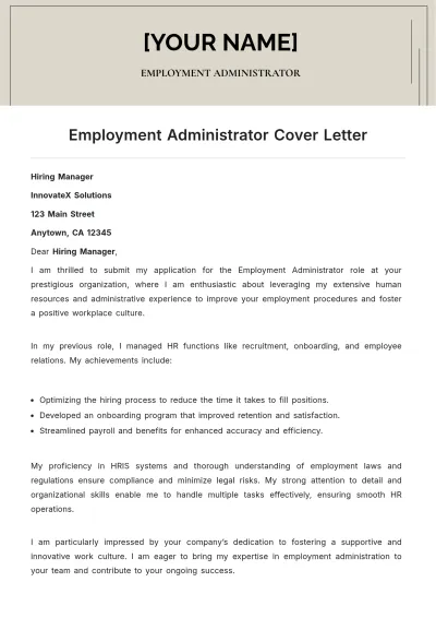 Free Employment Administrator Cover Letter to Edit Online