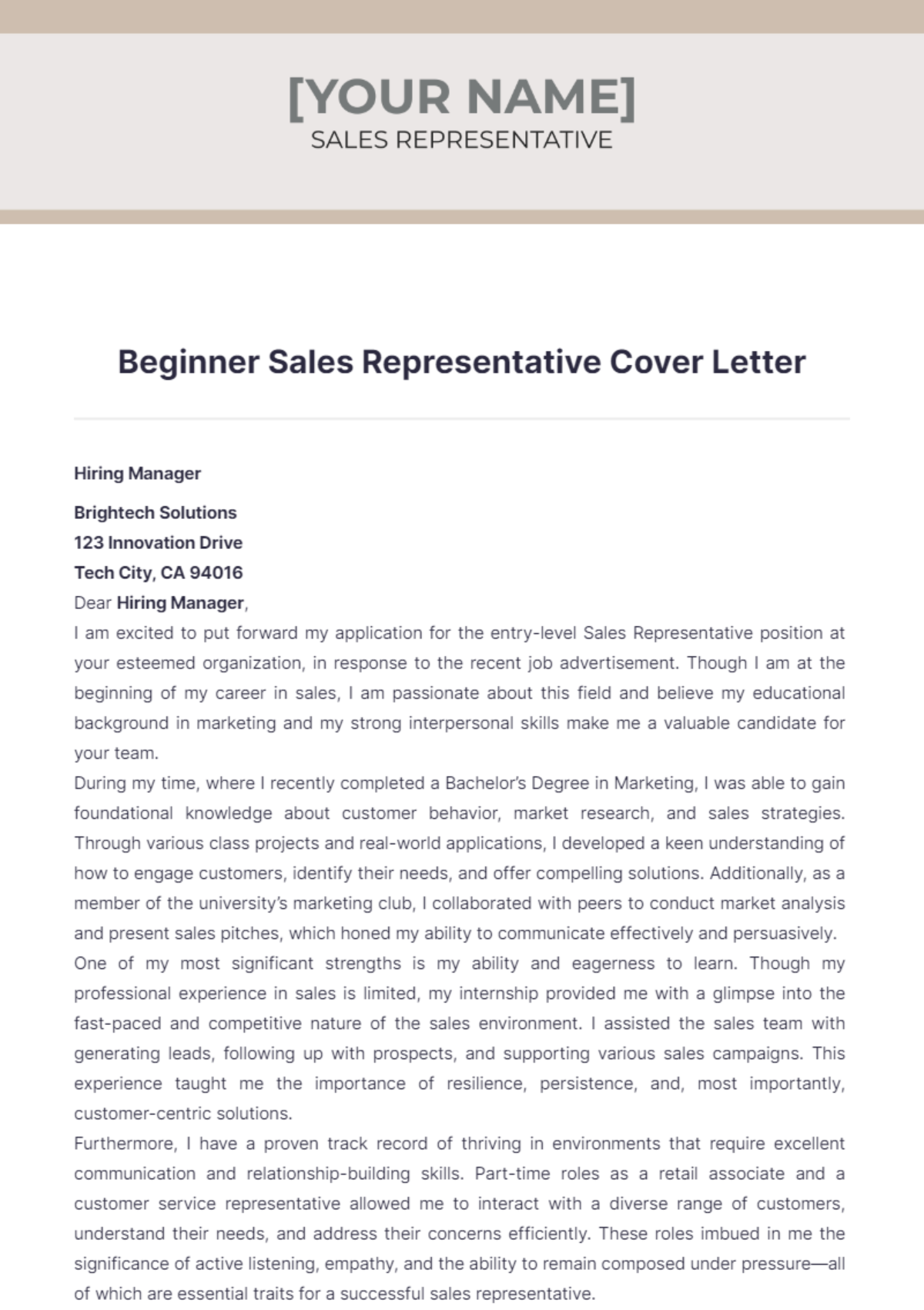 Beginner Sales Representative Cover Letter - Edit Online & Download