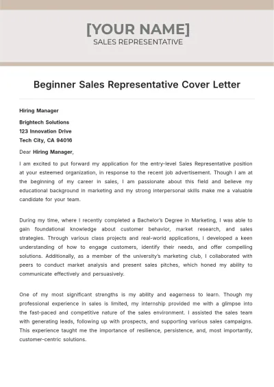 Free Beginner Sales Representative Cover Letter to Edit Online