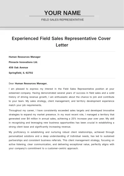 Free Experienced Field Sales Representative Cover Letter to Edit Online