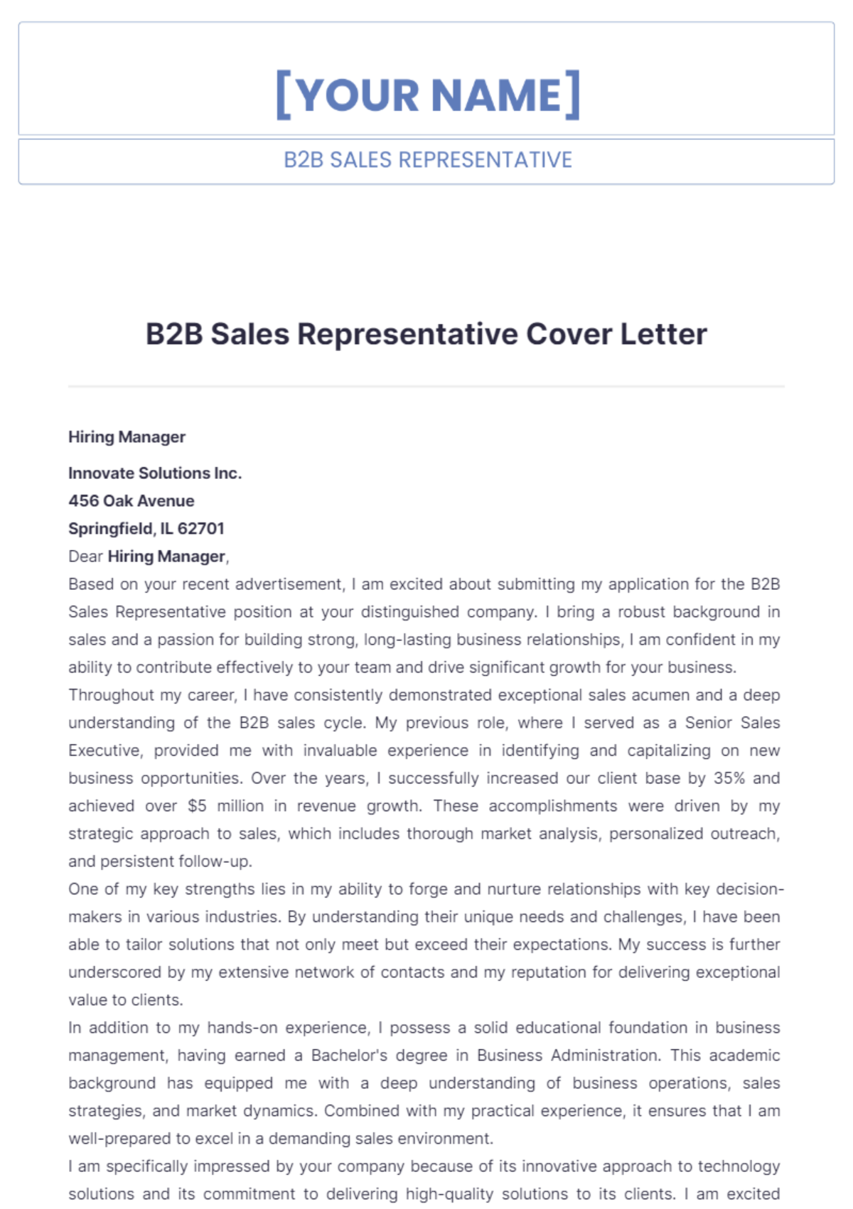 Free B2B Sales Representative Cover Letter Template - Edit Online ...