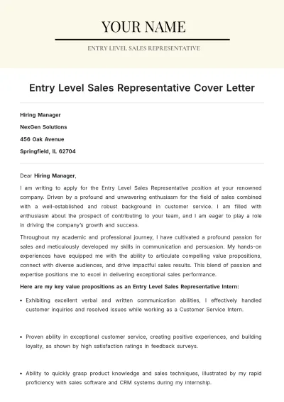 Free Entry Level Sales Representative Cover Letter to Edit Online