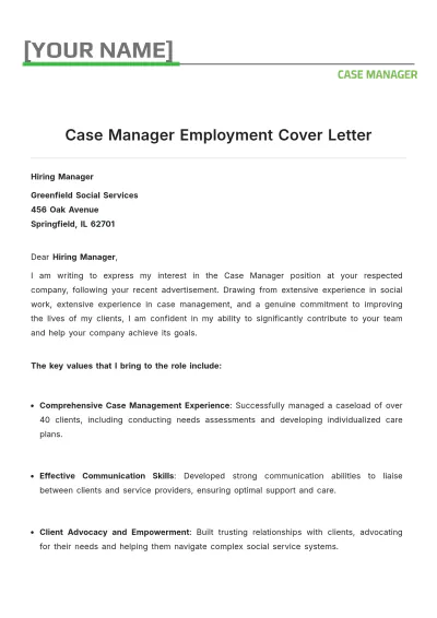 Free Case Manager Employment Cover Letter to Edit Online