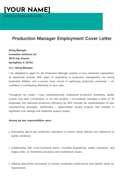Free Production Manager Employment Cover Letter to Edit Online