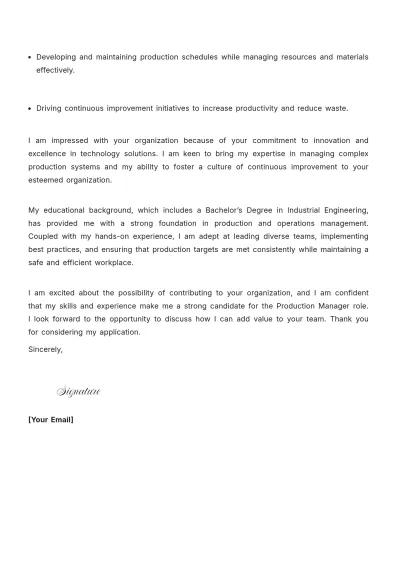 Free Production Manager Employment Cover Letter to Edit Online