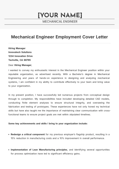 Free Mechanical Engineer Employment Cover Letter to Edit Online