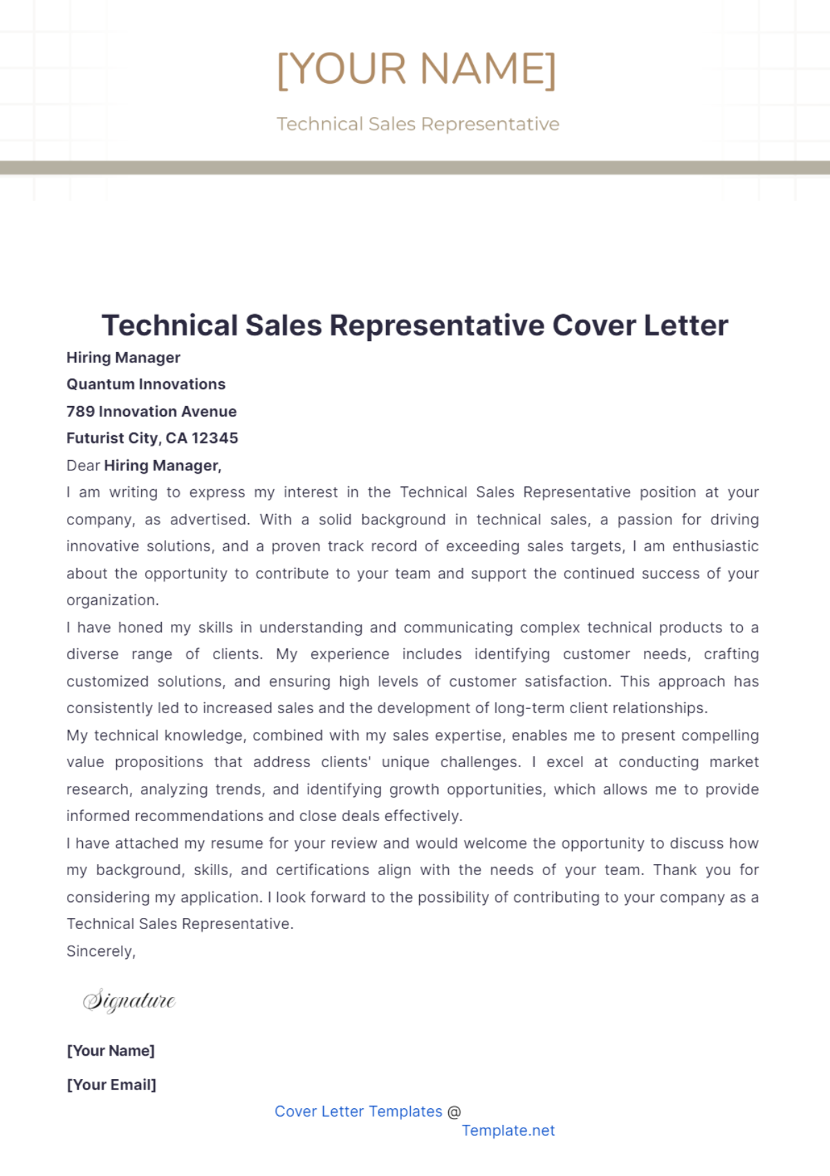 Technical Sales Representative Cover Letter - Edit Online & Download