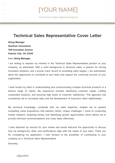 Free Technical Sales Representative Cover Letter to Edit Online