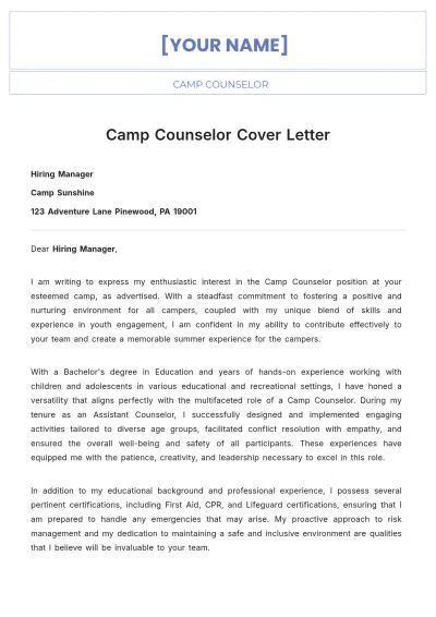 Free Camp Counselor Cover Letter to Edit Online