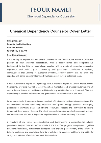Free Chemical Dependency Counselor Cover Letter to Edit Online