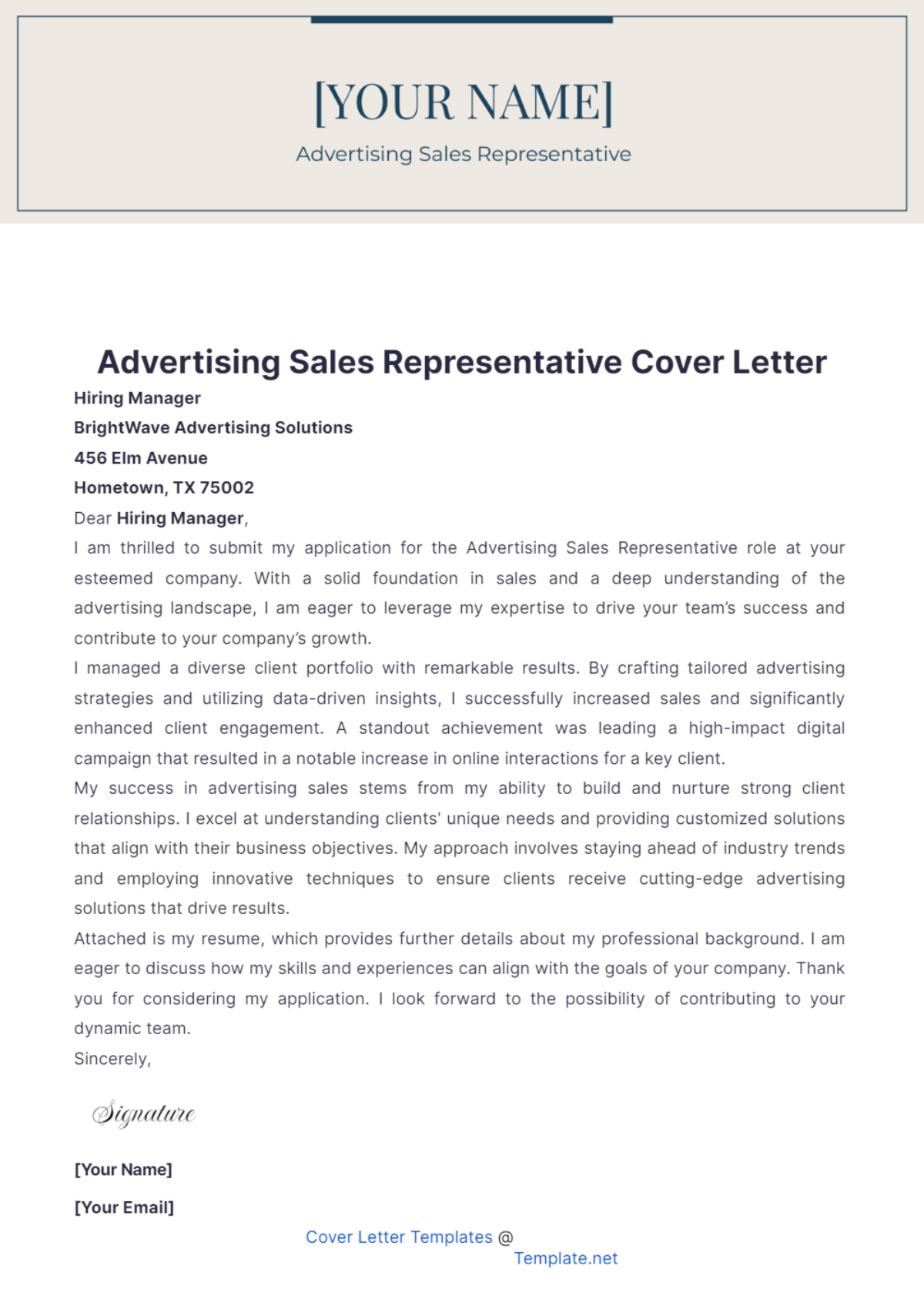 Advertising Sales Representative Cover Letter - Edit Online & Download